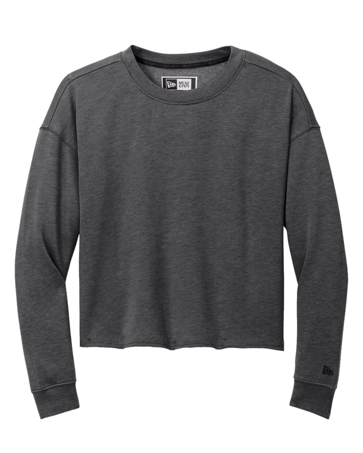 New Era Women's Tri-Blend Fleece Crewneck Sweatshirt in dark gray, featuring a cropped fit and soft fleece fabric. A stylish and customizable wardrobe essential.