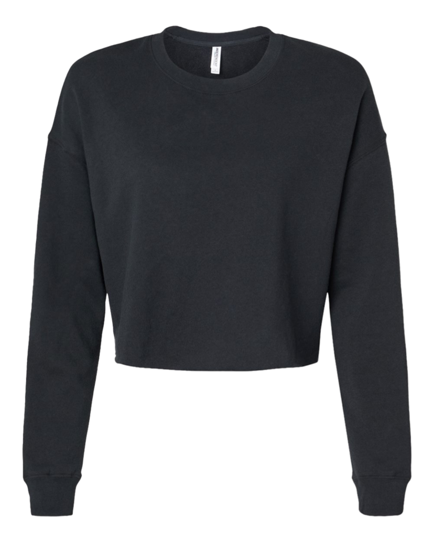 Flat lay of Independent Trading Co. Women's Lightweight Crop Crewneck in black, showcasing its cropped length and classic crewneck design.