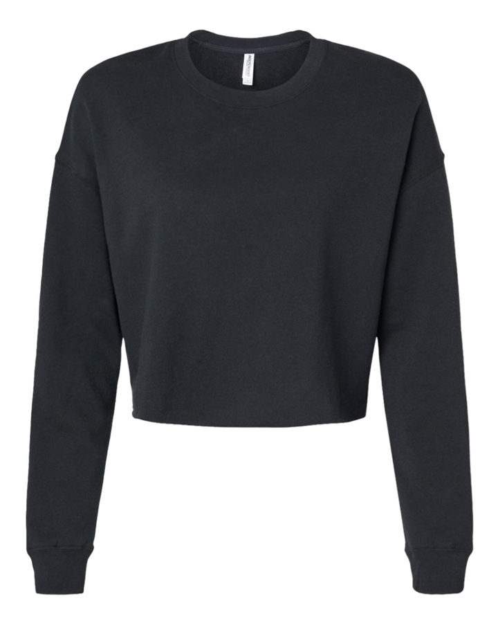 Flat lay of Independent Trading Co. Women's Lightweight Crop Crewneck in black, showcasing its cropped length and classic crewneck design.