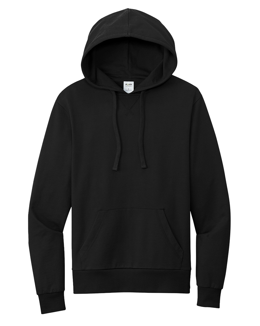 Black Allmade French Terry hoodie with a classic pullover design and front pocket. Made from eco-friendly materials, perfect for customization.