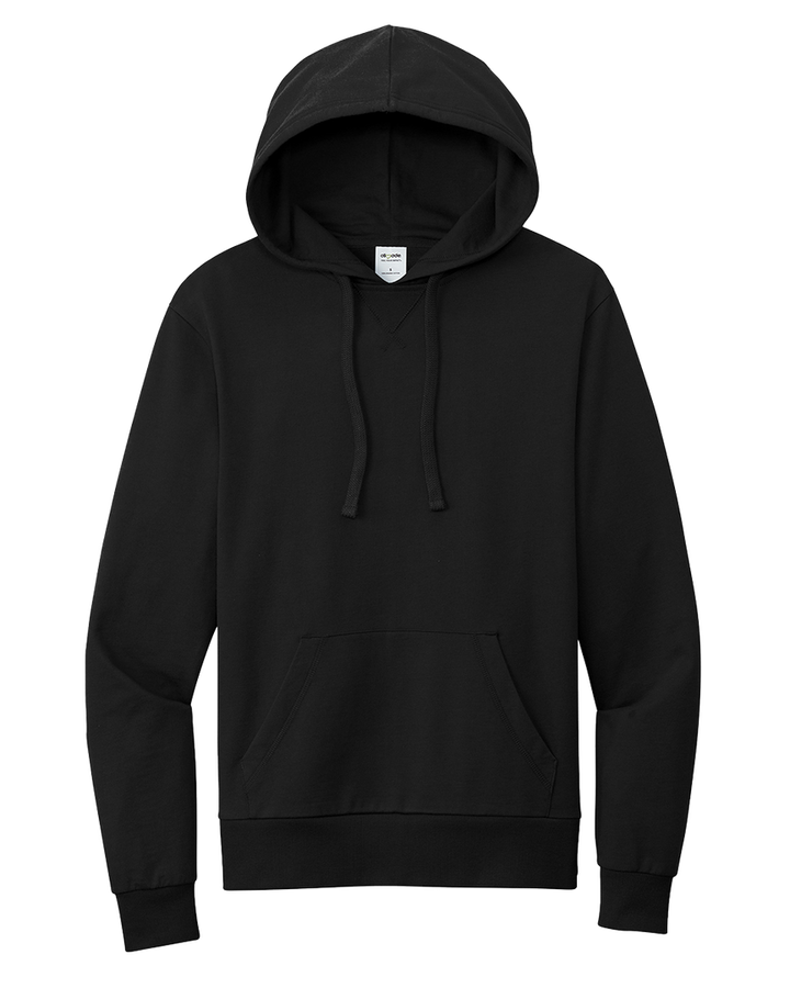 Black Allmade French Terry hoodie with a classic pullover design and front pocket. Made from eco-friendly materials, perfect for customization.