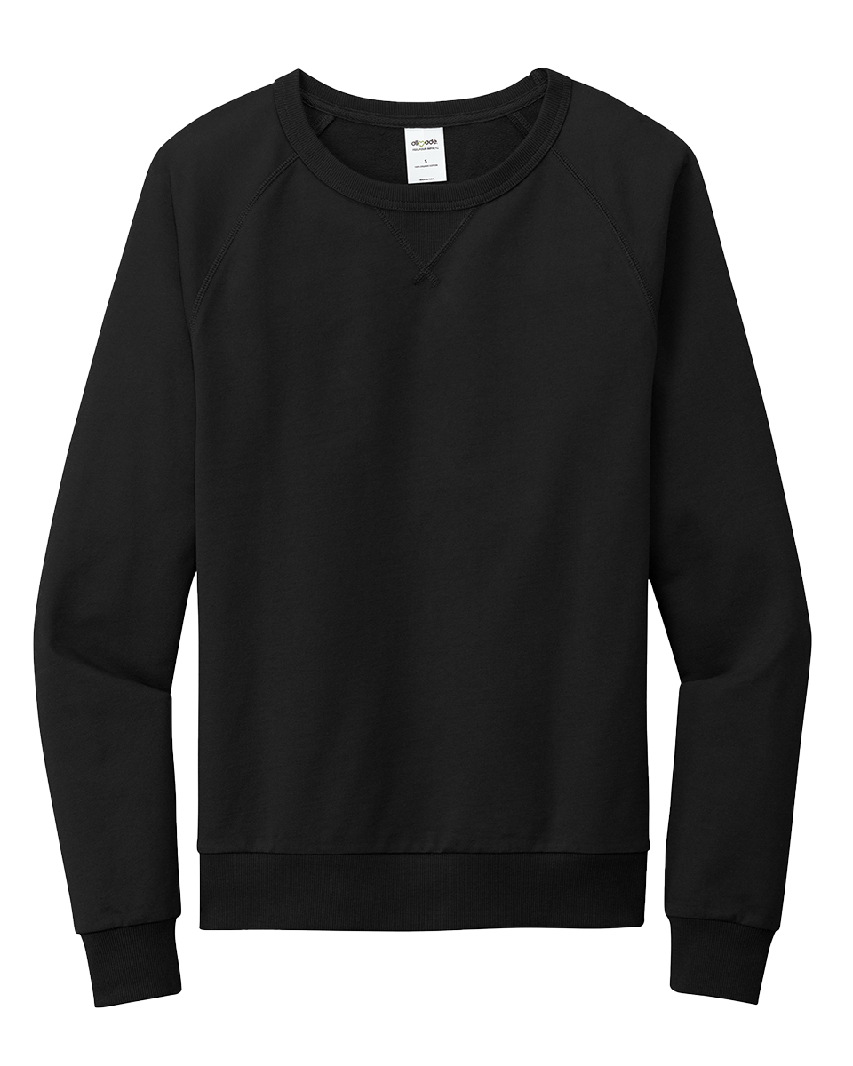 Flat lay of the Custom Allmade Organic French Terry Crewneck in black. Features a classic crewneck design made from 100% organic cotton.