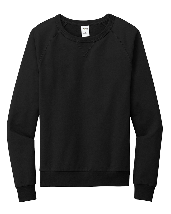 Flat lay of the Custom Allmade Organic French Terry Crewneck in black. Features a classic crewneck design made from 100% organic cotton.