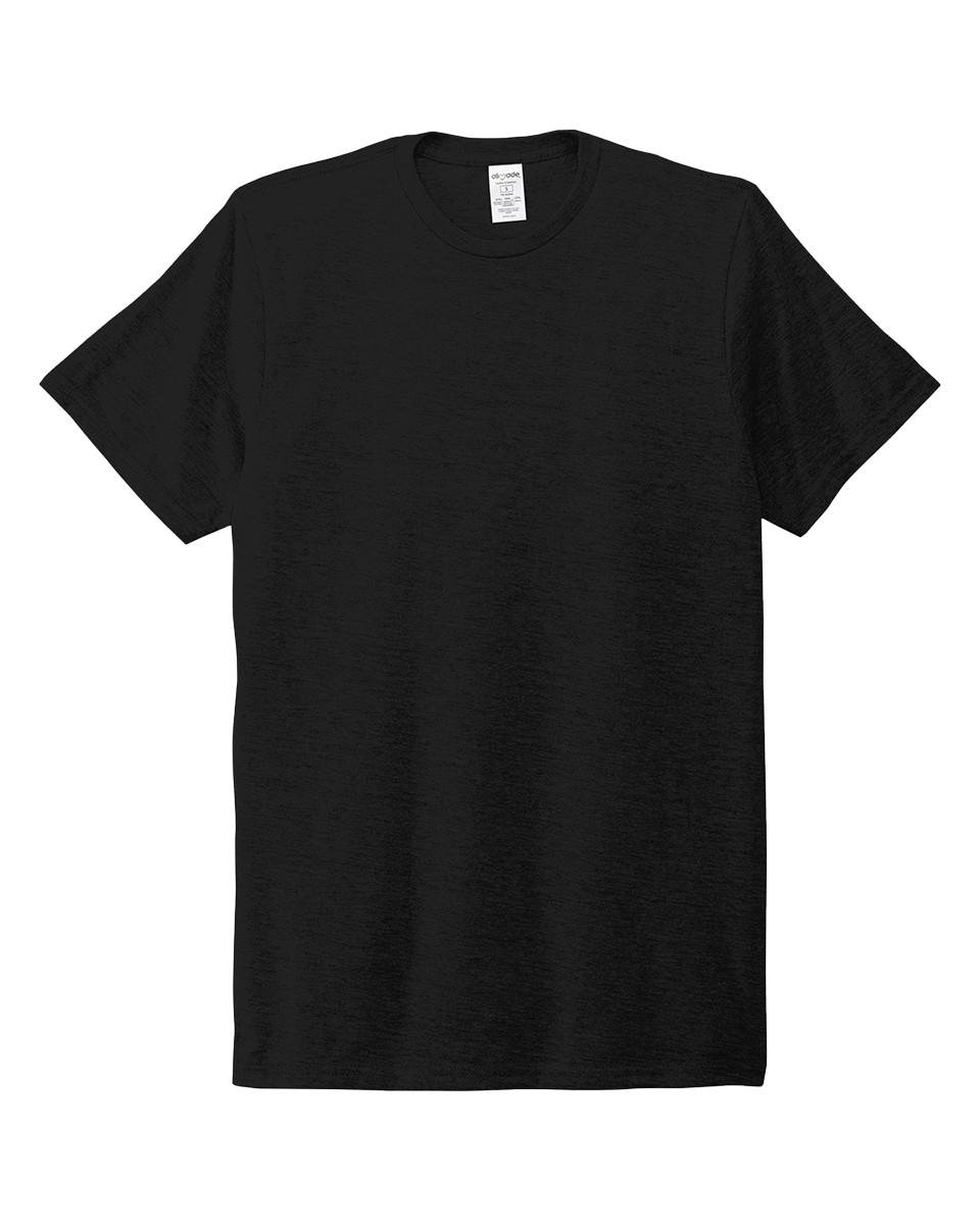 Custom Allmade Tri-Blend Tee in black, laid flat. A premium, sustainable t-shirt ready for custom printing or embroidery.