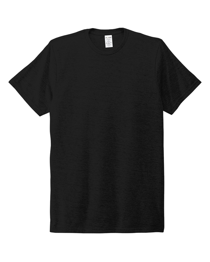 Custom Allmade Tri-Blend Tee in black, laid flat. A premium, sustainable t-shirt ready for custom printing or embroidery.