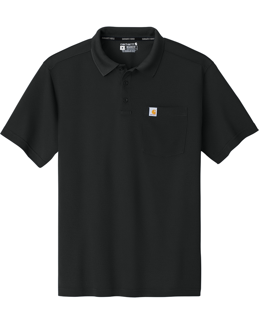 Flat-lay view of the Custom Carhartt Force Snag-Resistant Pocket Polo in black, showcasing its durable fabric, chest pocket, and classic collar.