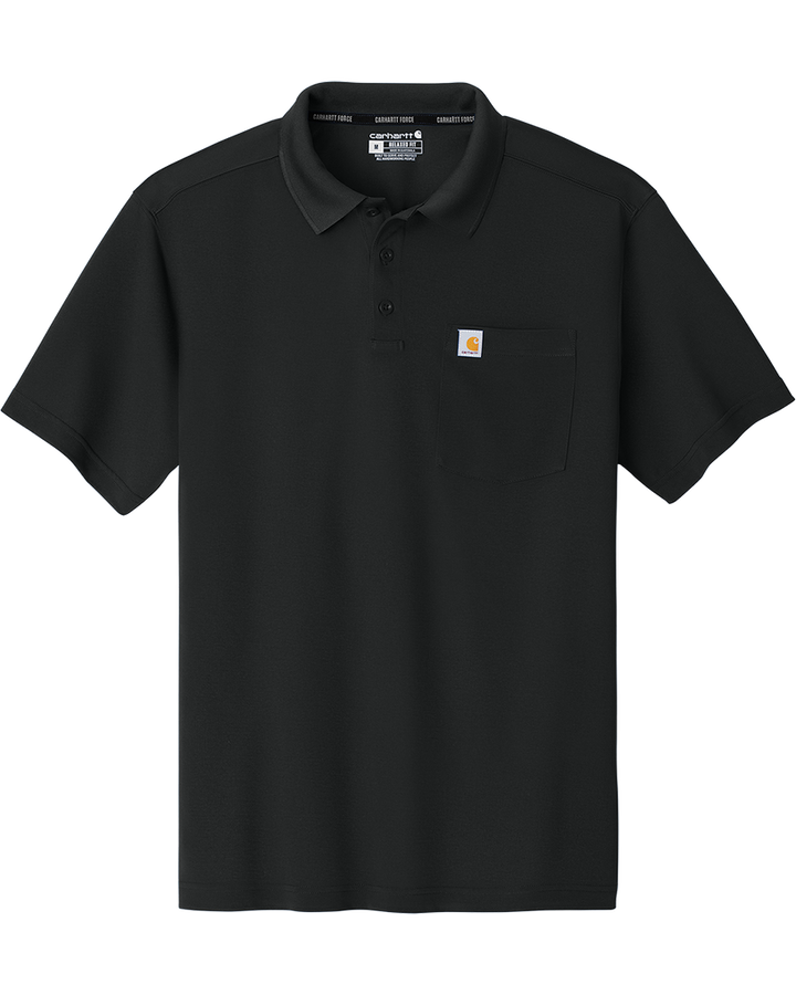 Flat-lay view of the Custom Carhartt Force Snag-Resistant Pocket Polo in black, showcasing its durable fabric, chest pocket, and classic collar.