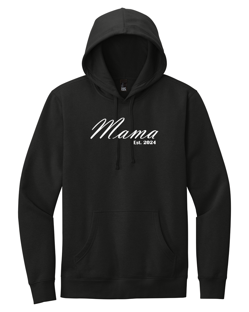 Black embroidered Mama hoodie with white text 'Mama Est. 2024'. Comfortable and trendy sweatshirt, perfect for moms, available in various colors.