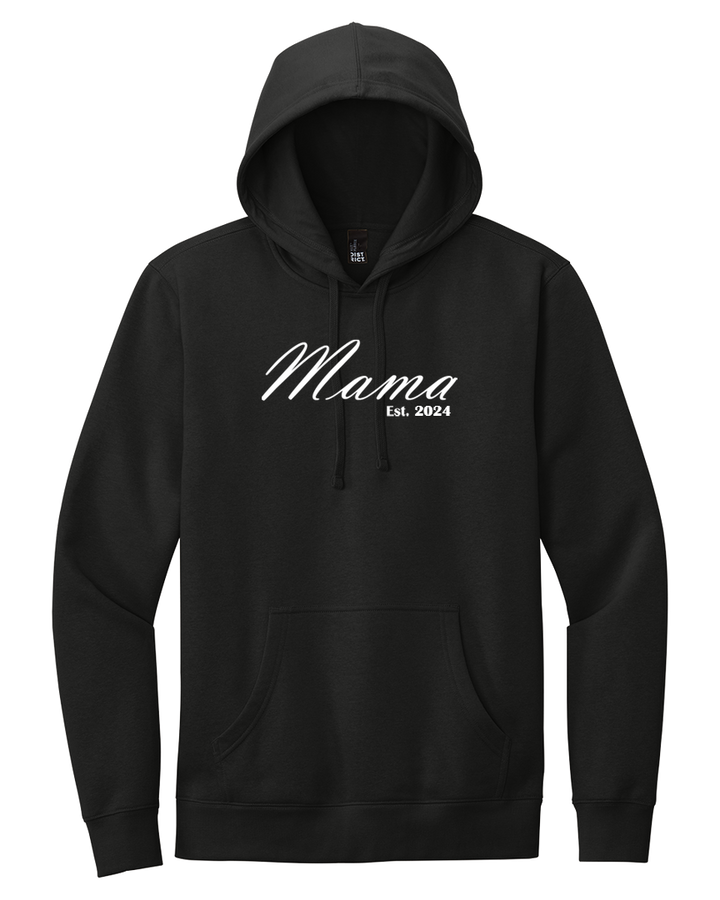 Black embroidered Mama hoodie with white text 'Mama Est. 2024'. Comfortable and trendy sweatshirt, perfect for moms, available in various colors.