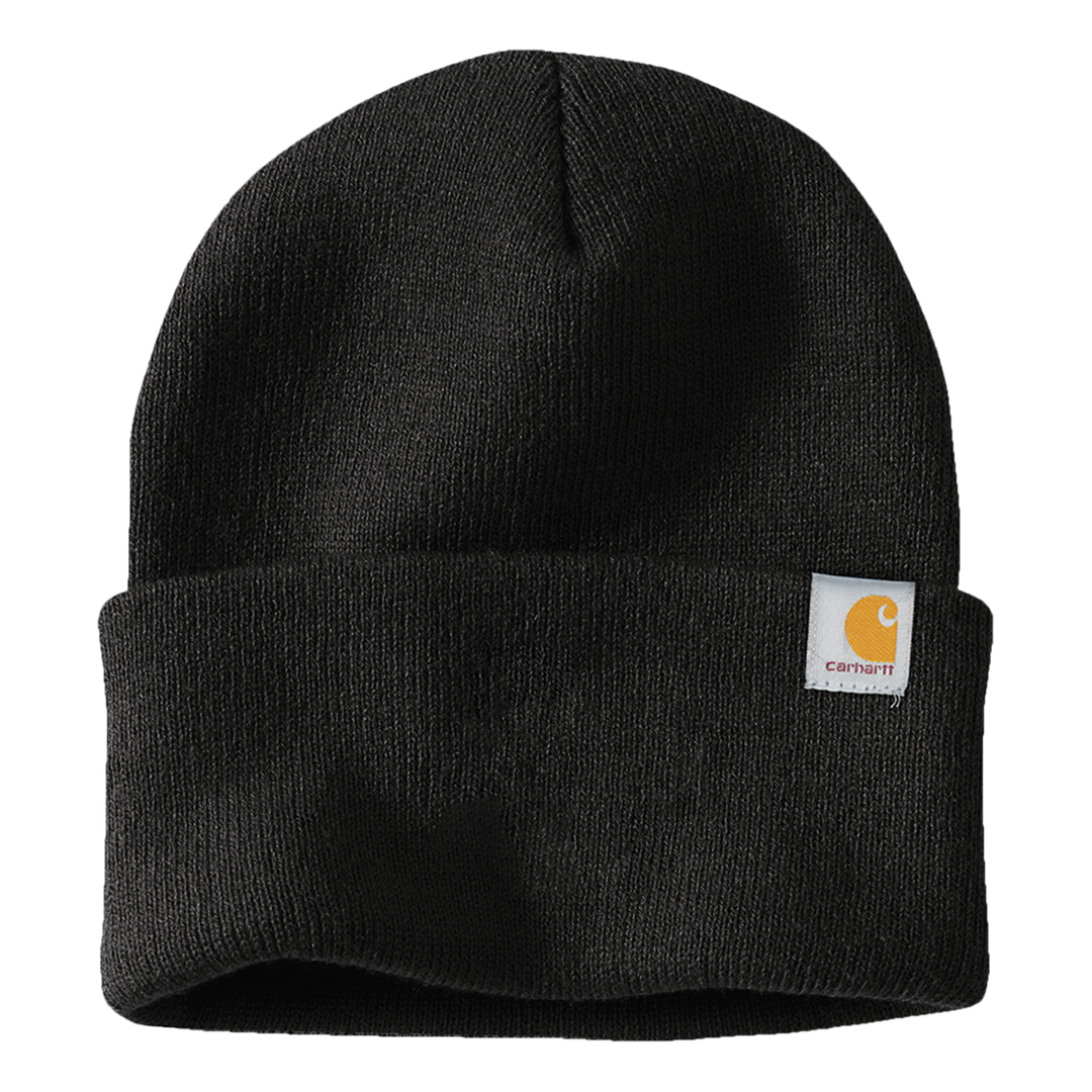 Black Carhartt Watch Cap 2.0 Beanie with a fold-over cuff and Carhartt logo patch. Perfect for custom embroidery and everyday wear.