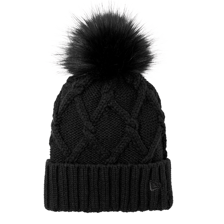 New Era® Faux Fur Pom Beanie NE911 in black with a textured cable knit pattern and fluffy faux fur pom. Customizable with embroidery for a unique look.