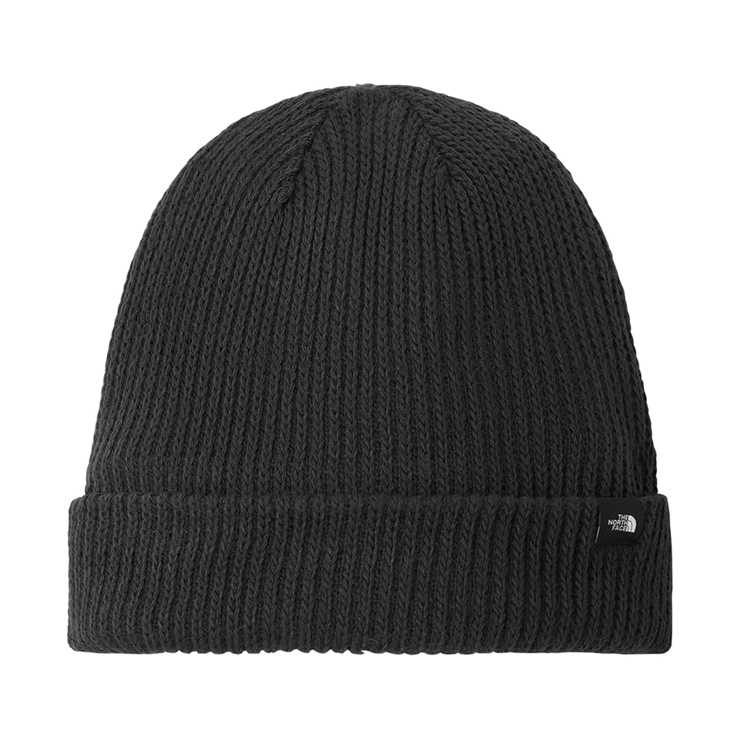 The North Face® Circular Rib Beanie in black. Classic ribbed knit design with a fold-over cuff, ideal for warmth, style, and customization.