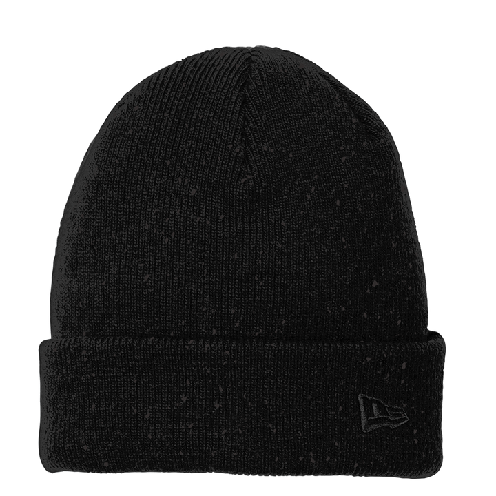 Black New Era Speckled Beanie with a textured knit design and tonal embroidered logo. A sleek and warm winter accessory.