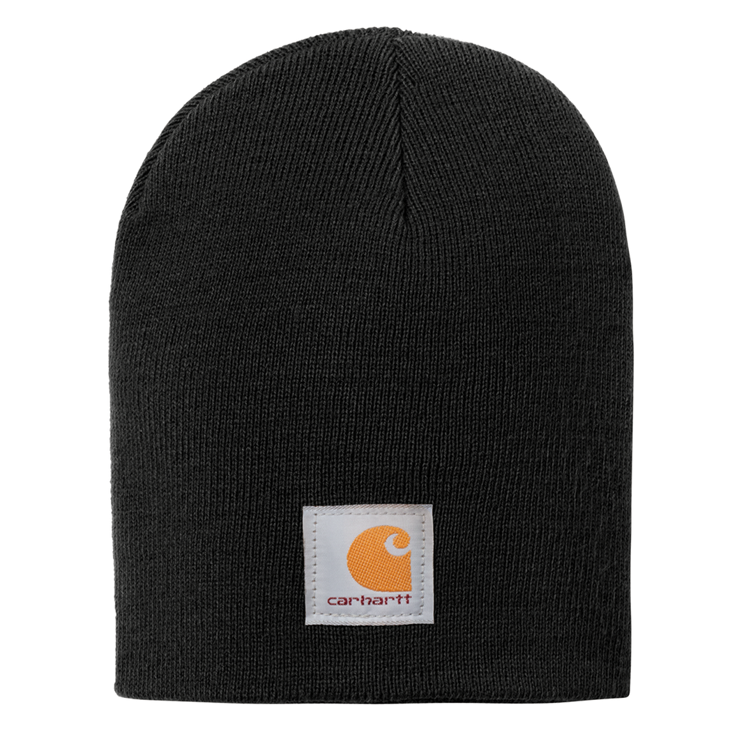 Carhartt® Acrylic Knit Hat Beanie in black, featuring a warm acrylic knit construction and a sewn-on Carhartt logo patch.