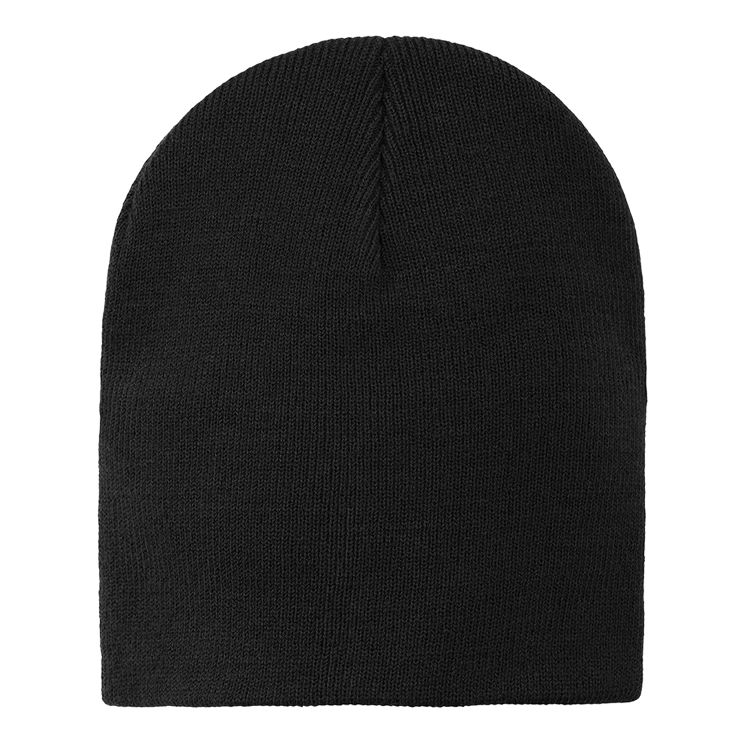 Port & Company® Beanie in solid black, a classic knit skull cap made from soft acrylic. Customizable for branding, teams, and casual wear.