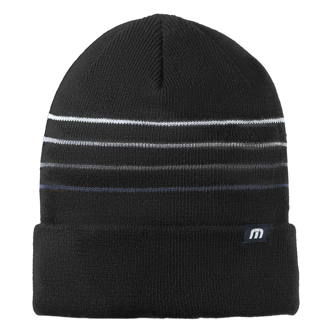 Black TravisMathew Striped Beanie with a cuffed design and sleek stripe detailing. High-quality knit material for warmth and customizable branding options.