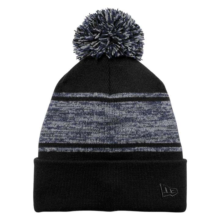 New Era® Pom Beanie NE909 in black and dark navy with a marled knit pattern, pom top, and fold-over cuff. Perfect for stylish warmth and custom branding.