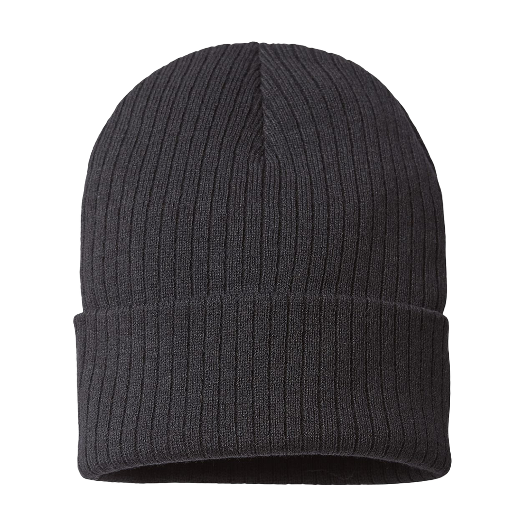 Charcoal gray Atlantis Headwear Sustainable Rib Cuffed Beanie with ribbed knit design. Made from sustainable materials, perfect for customization.