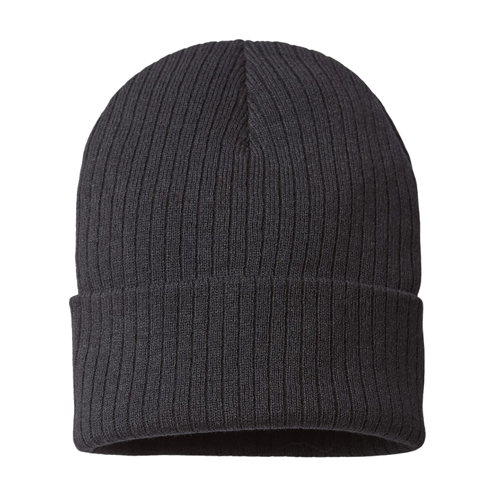 Charcoal gray Atlantis Headwear Sustainable Rib Cuffed Beanie with ribbed knit design. Made from sustainable materials, perfect for customization.