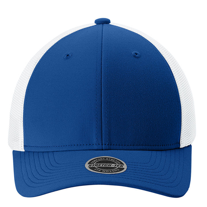 Front view of the Custom Sport-Tek® Stretch-Tek Mesh Back Cap in royal blue with a white mesh back. Structured fit with breathable mesh for comfort.