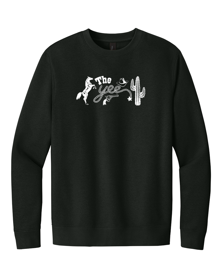 Black crewneck sweatshirt featuring a white western-themed design with 'The Yee' text, a cowboy on a horse, a lasso, and a cactus. Part of a matching set.