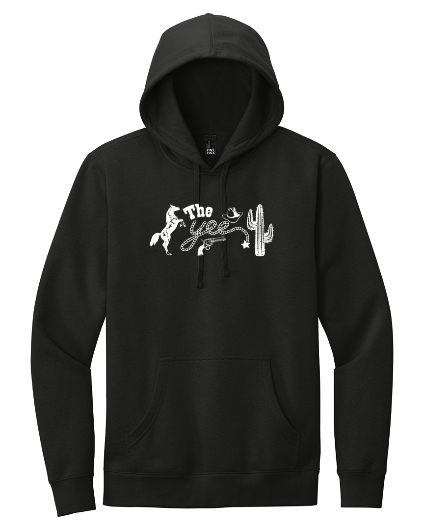 Black 'The Yee' hoodie with western-style graphics, including a cowboy, rope, and cactus. A stylish and comfortable sweatshirt for casual wear.