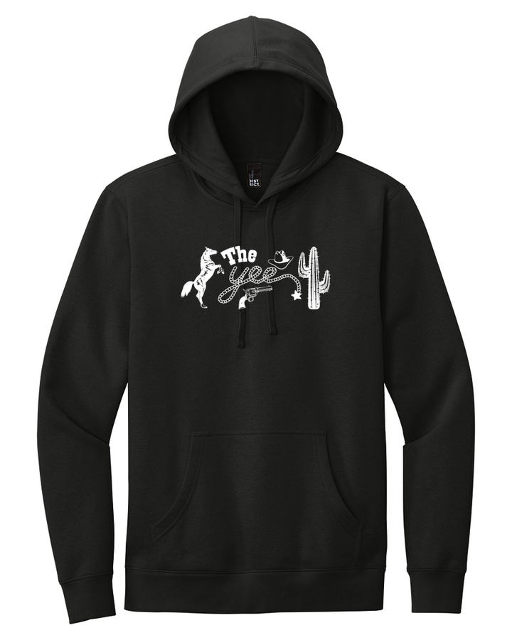 Black 'The Yee' hoodie with western-style graphics, including a cowboy, rope, and cactus. A stylish and comfortable sweatshirt for casual wear.