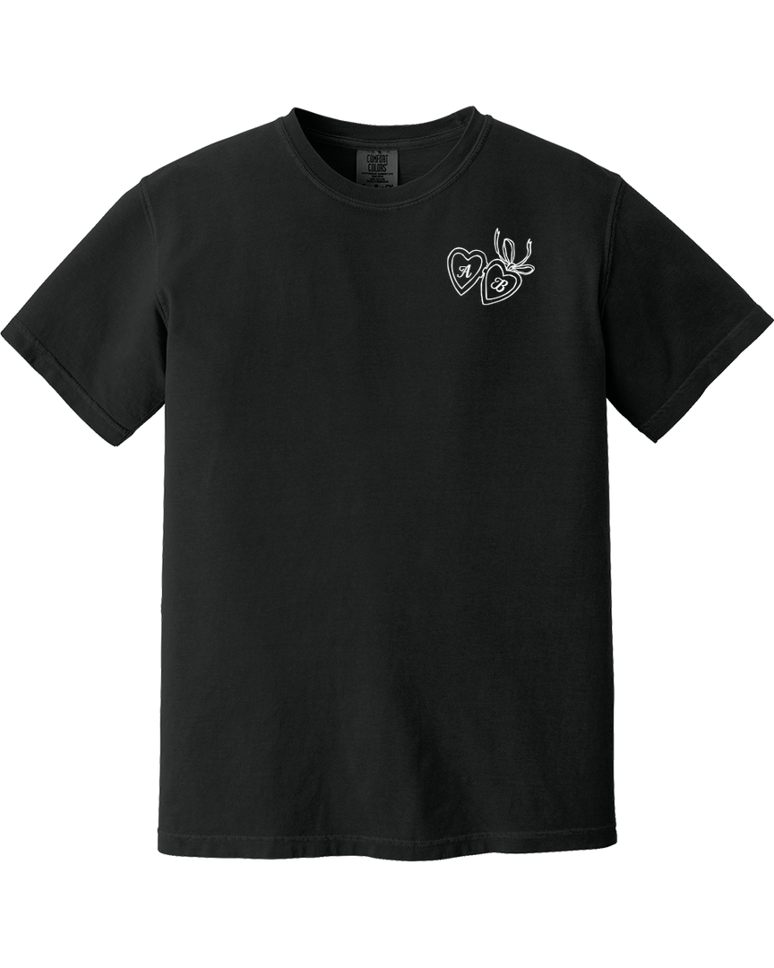 Custom printed black Comfort Colors T-shirt featuring a heart locket design with personalized initials. Perfect matching set for couples.