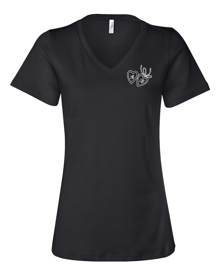 Black Bella + Canvas woman's v-neck tee with a custom printed heart locket design featuring initials. Soft, stylish, and perfect for couples.