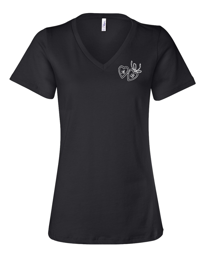 Black Bella + Canvas woman's v-neck tee with a custom printed heart locket design featuring initials. Soft, stylish, and perfect for couples.