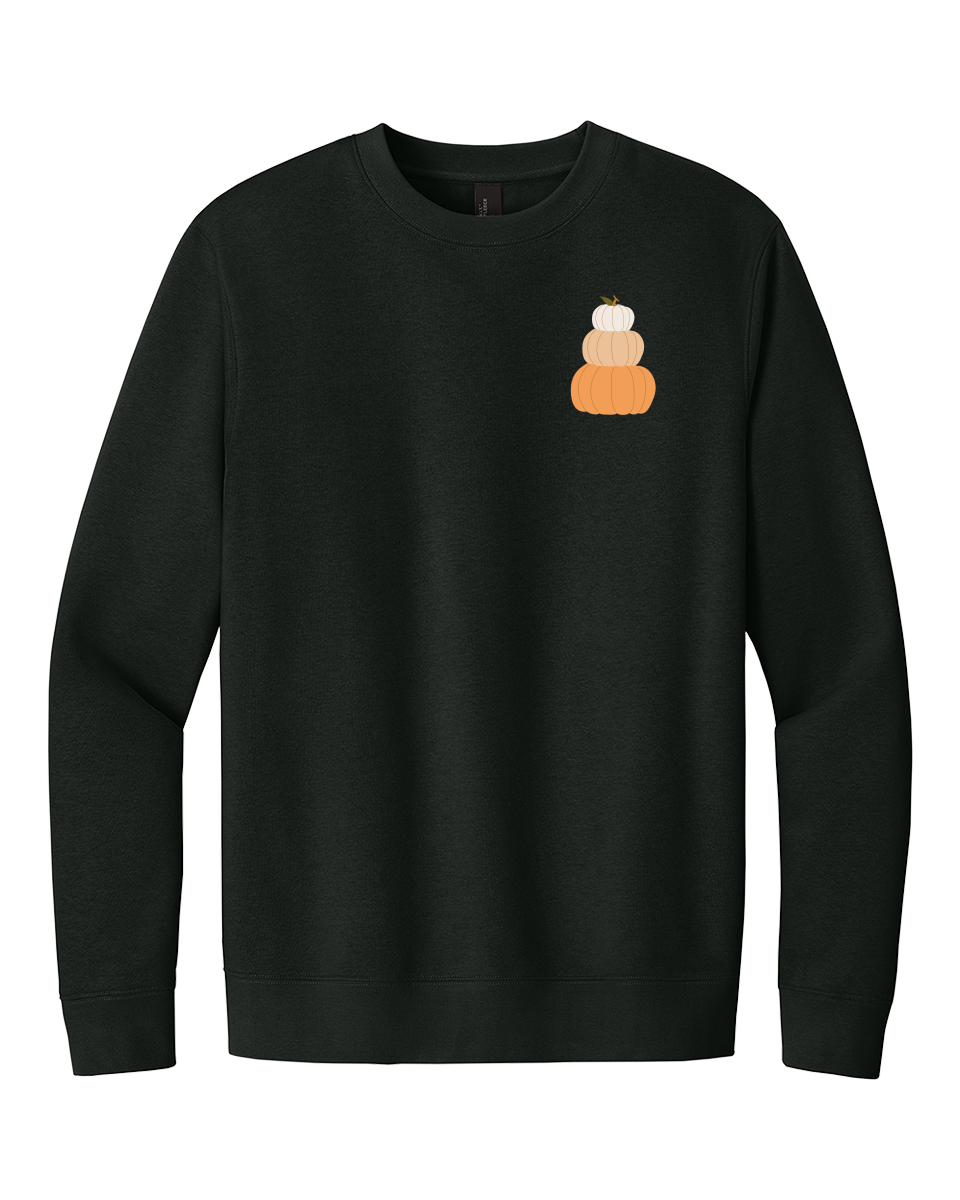 Pumpkin Season Fleece Crewneck in black with a minimalist stacked pumpkin design on the chest. Cozy fall-themed sweatshirt for autumn fashion.