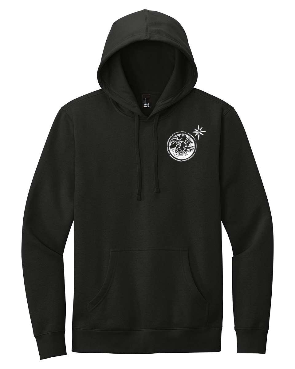 Black 'Think Of The Moon' hoodie featuring a minimalist moon graphic and star detail on the chest. Soft fabric with a front pocket and drawstring hood.