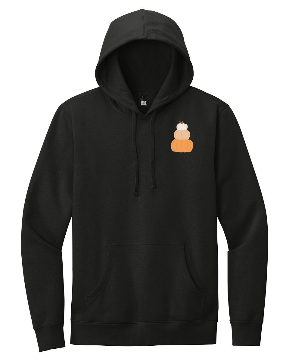 Black Pumpkin Season Hoodie featuring a minimalist stacked pumpkin design on the chest. Cozy fall-themed sweatshirt for autumn fashion lovers.