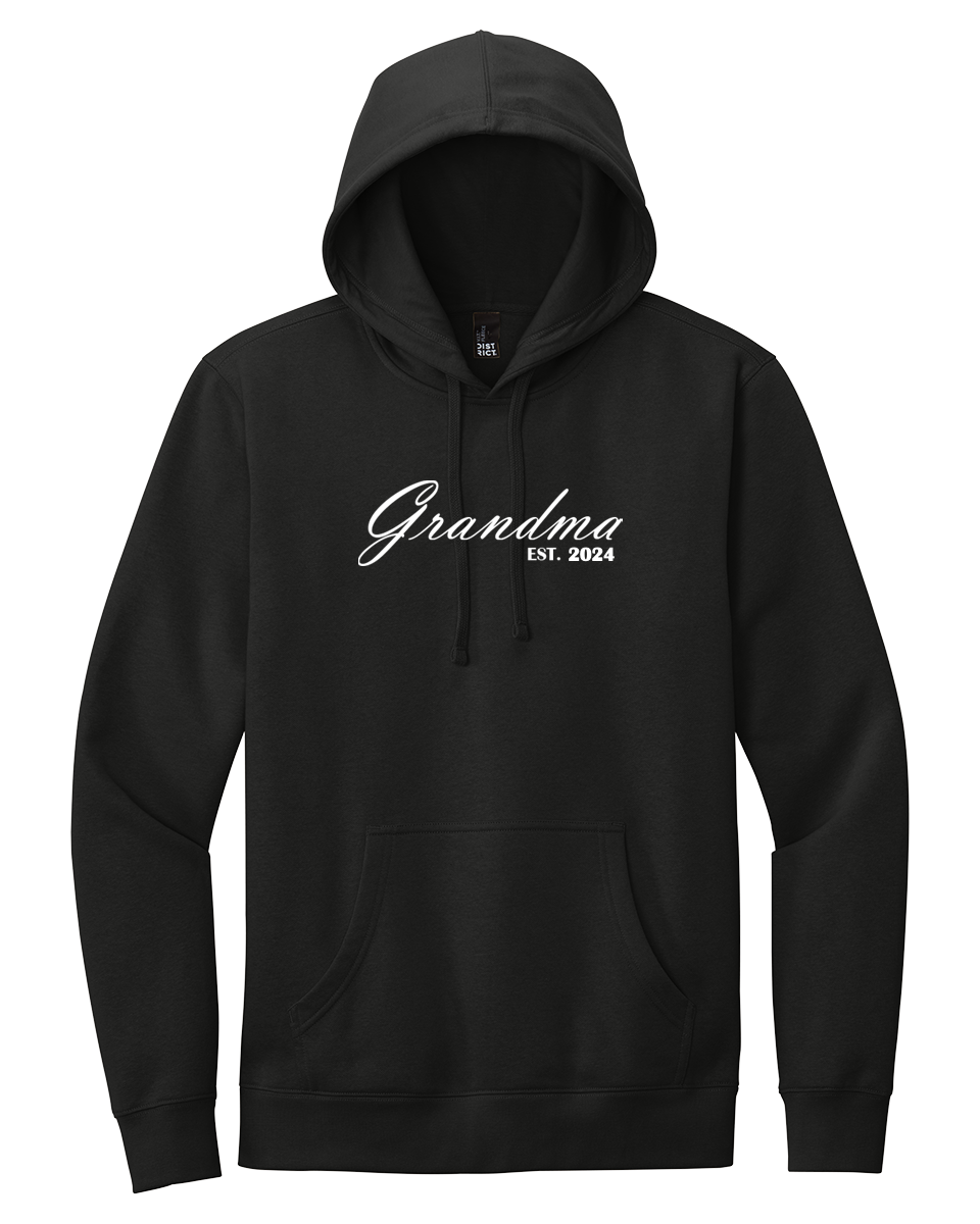 Grandma District V.I.T Hoodie DT6100 in black with 'Grandma EST. 2024' printed in white cursive. Soft, stylish, and perfect for casual wear.