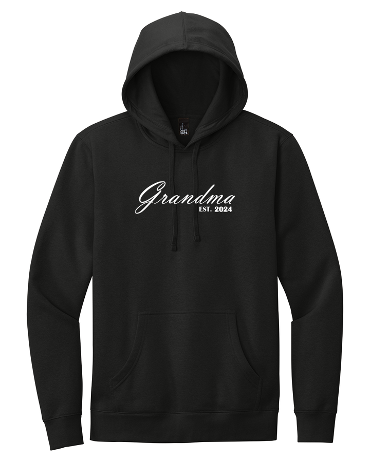 Grandma District V.I.T Hoodie DT6100 in black with 'Grandma EST. 2024' printed in white cursive. Soft, stylish, and perfect for casual wear.