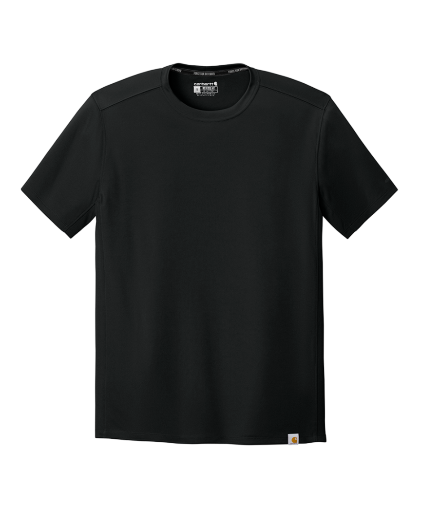 Flat lay of Custom Carhartt Force Sun Defender Short Sleeve T-Shirt in black, showcasing durable fabric and tagless label.