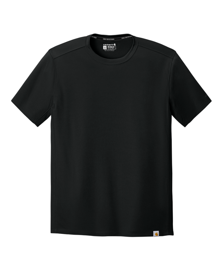 Flat lay of Custom Carhartt Force Sun Defender Short Sleeve T-Shirt in black, showcasing durable fabric and tagless label.