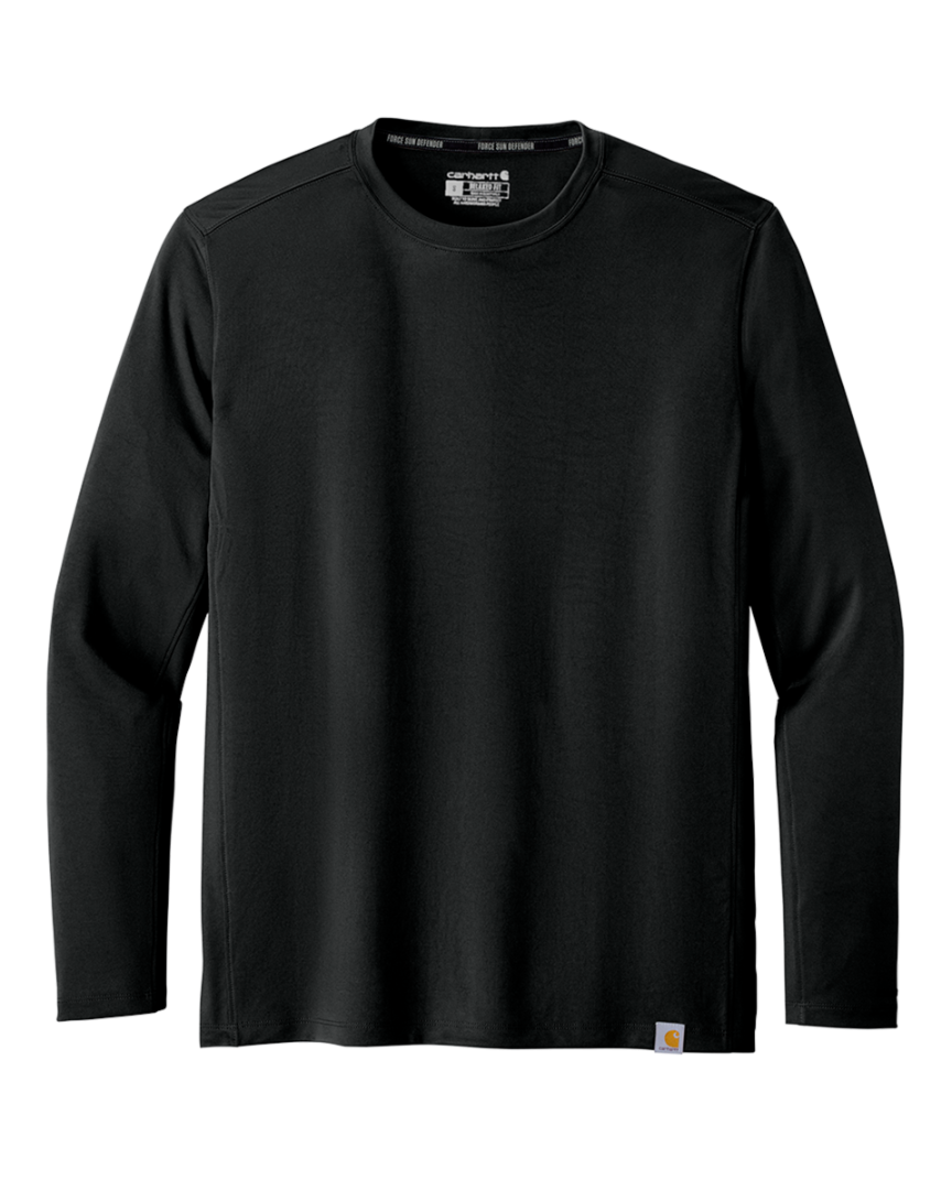 Flat lay of black Custom Carhartt Force Sun Defender Long Sleeve T-Shirt, showcasing fabric texture and ideal for custom decoration.