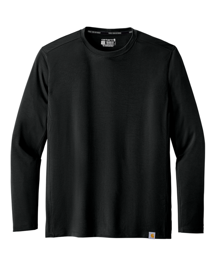 Flat lay of black Custom Carhartt Force Sun Defender Long Sleeve T-Shirt, showcasing fabric texture and ideal for custom decoration.