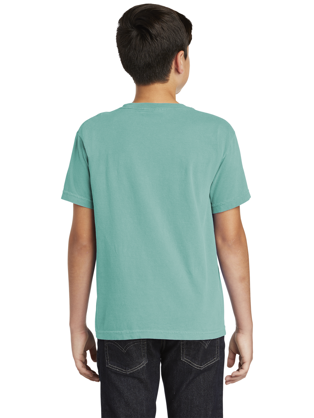 Back view of the Comfort Colors Youth Heavyweight Ring Spun Tee- 9018 in teal, showcasing its durable fabric and comfortable fit for everyday wear.