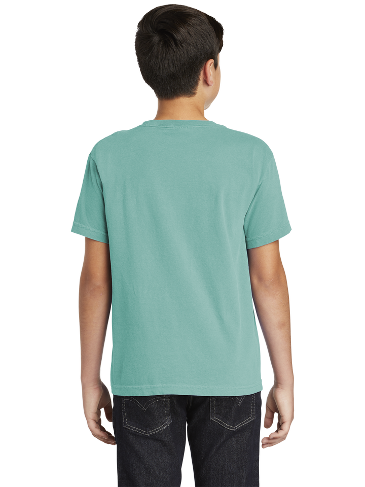 Back view of the Comfort Colors Youth Heavyweight Ring Spun Tee- 9018 in teal, showcasing its durable fabric and comfortable fit for everyday wear.