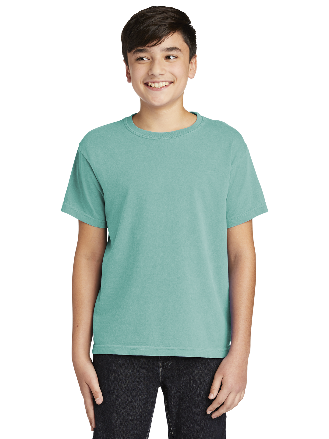 Comfort Colors Youth Heavyweight Ring Spun Tee- 9018 in a soft teal shade, featuring a classic crew neck and short sleeves for a relaxed fit.