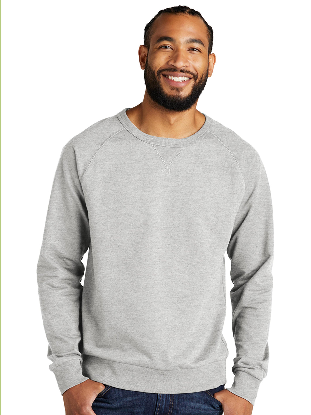 Custom Allmade Organic French Terry Crewneck in heather gray, worn by a male model. A sustainable and stylish sweatshirt for everyday wear.