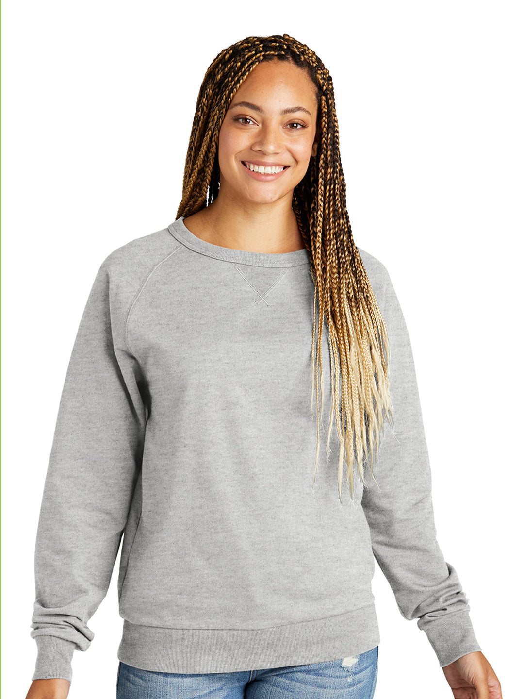 Custom Allmade Organic French Terry Crewneck in heather gray, worn by a female model. Perfect for personalization with embroidery or print.