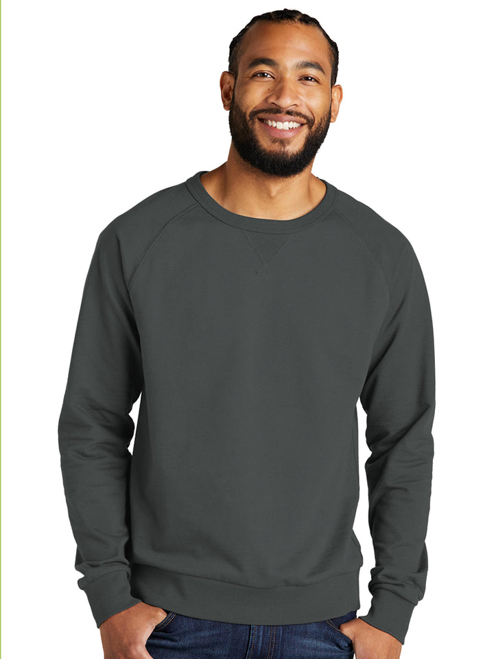 Custom Allmade Organic French Terry Crewneck in dark gray, worn by a male model. A sustainable and stylish option for casual wear.