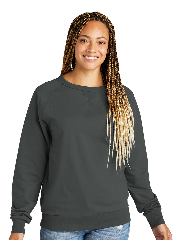 Custom Allmade Organic French Terry Crewneck in dark gray, worn by a female model. A comfortable and eco-friendly sweatshirt for any occasion.