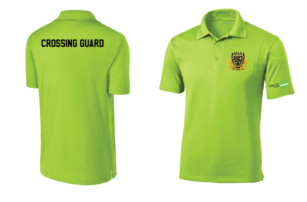 Green Dot Sport-Tek 'Crossing Guard' Polo in lime green with 'CROSSING GUARD' text on back and Animo South Los Angeles logo on front left chest.