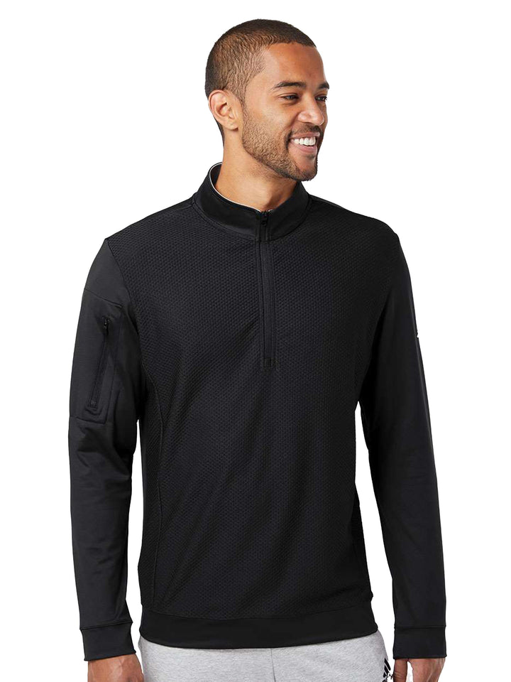 Custom Adidas Performance Textured 1/4 Zip Sweatshirt in black. Stylish and comfortable, perfect for customization with logos or text.