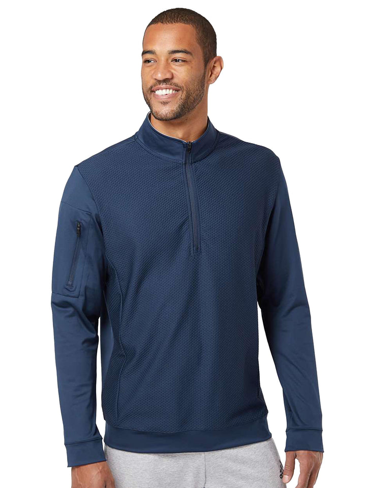 Navy blue Adidas Performance Textured 1/4 Zip Sweatshirt. A premium quarter-zip pullover designed for comfort and personalization.