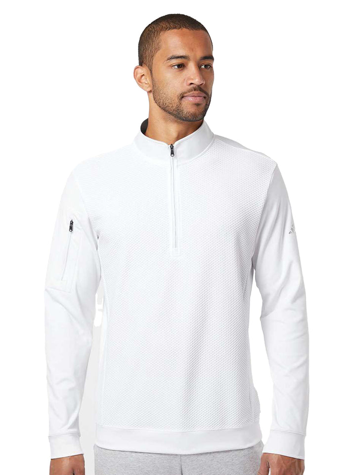 White Adidas Performance Textured 1/4 Zip Sweatshirt. Features a sleek, breathable design, ideal for customization with logos or text.